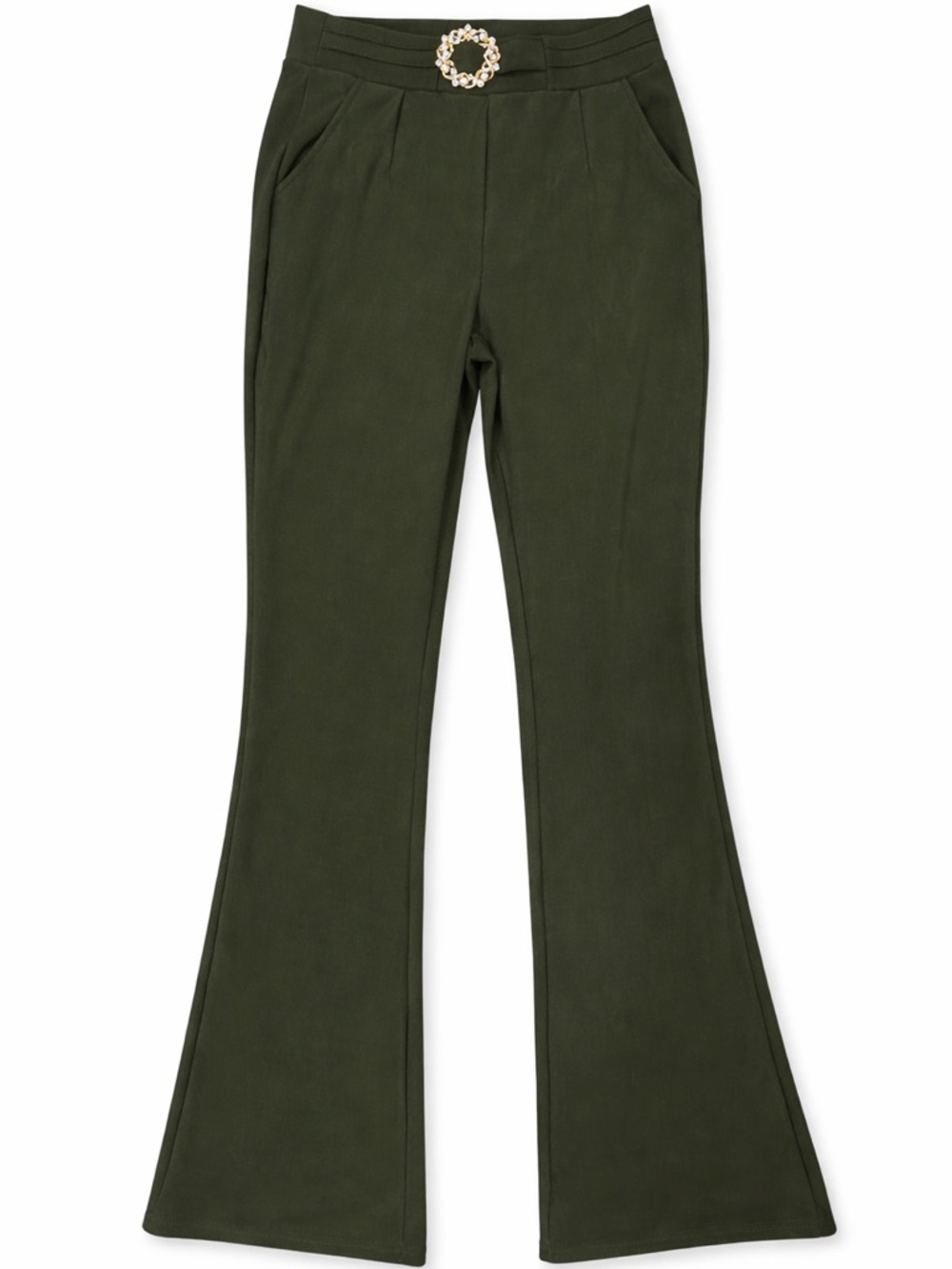Olive Green High Waist Flare Pants Gold Buckle Size S Chic
